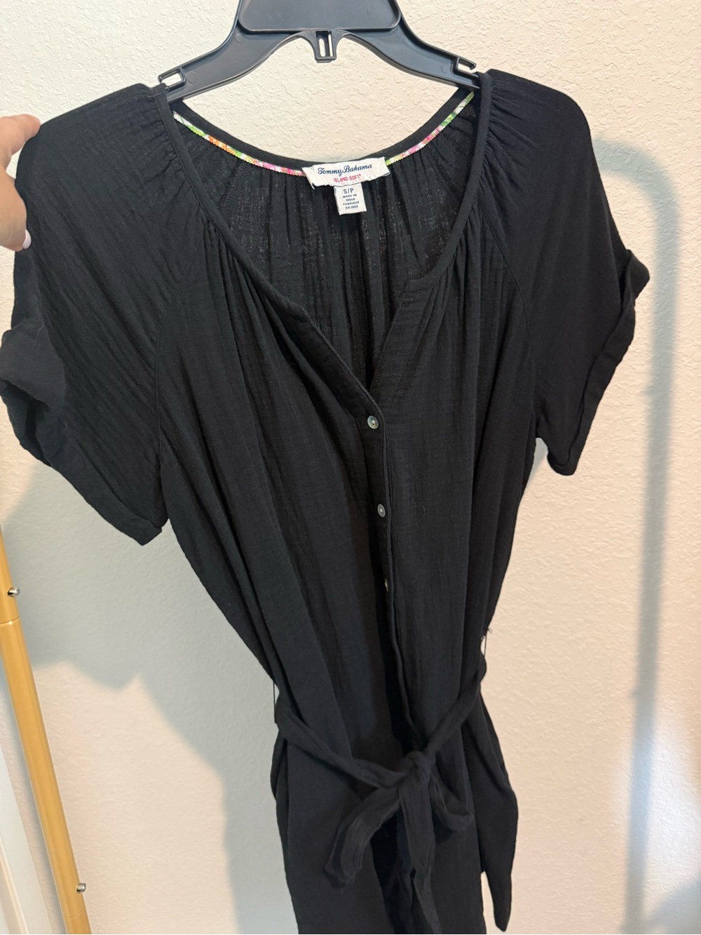 Tommy Bahama Black Short-Sleeve Buttoned Tie-Waist Romper